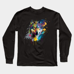 Wolf Abstract Artwork, Vibrant, Paint Splatter Long Sleeve T-Shirt